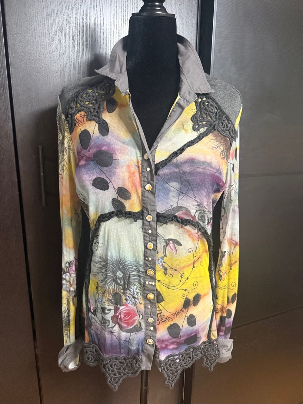 Elisa Cavaletti Mixed Media Art-to-Wear Blouse – Floral Watercolor/Crochet Lace